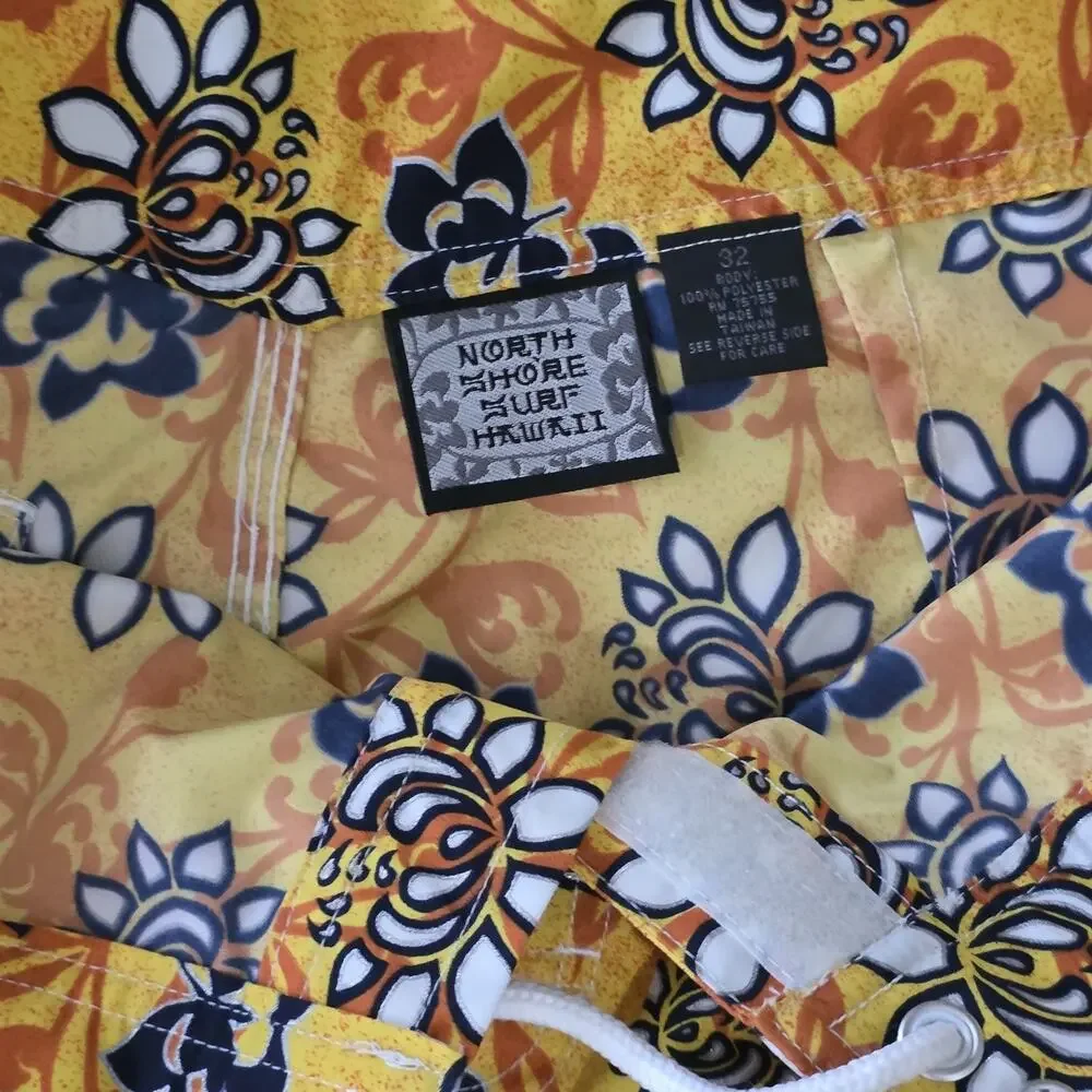 North Shore Surf Hawaii Men’s Board Shorts Size 32 Yellow Floral Hawaiian Swim T